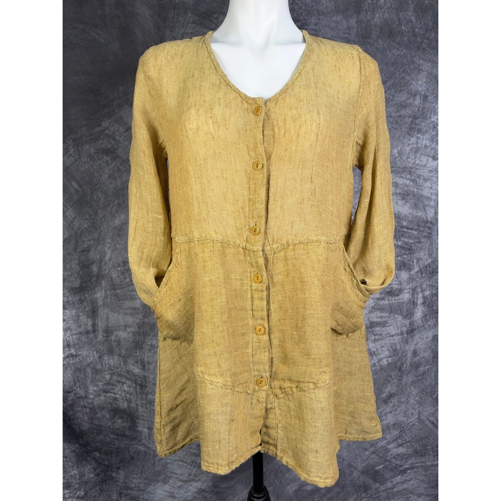 FLAX Linen Tunic Women Small Mustard I Am Supportive Button Front Pocket Top